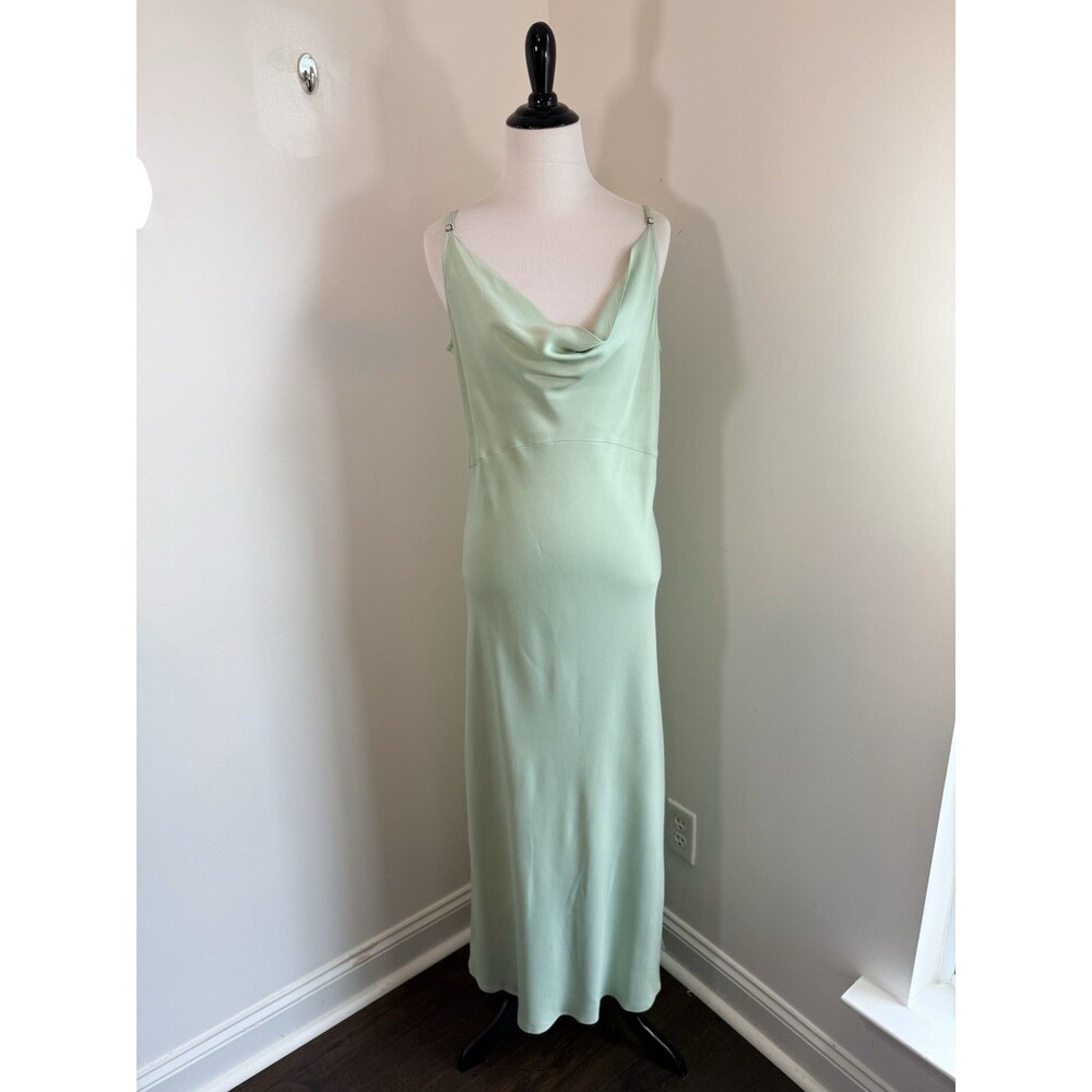Anthropologie Elyse Bias-Cut Satin Maxi Slip Dress L Mint Green Cowl Neck Formal - Picture 2 of 13